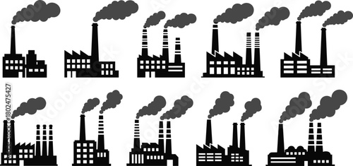Factory silhouette set, smokestack vector, industrial pollution icons, black graphic illustration, environmental impact, manufacturing buildings, editable symbols, urban industry