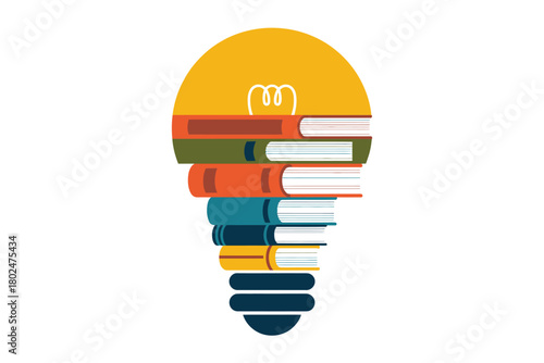 A stack of books forms the shape of a light bulb, symbolizing knowledge and new ideas.