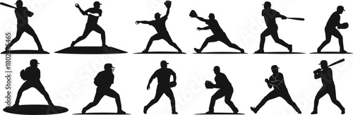 Baseball silhouettes vector collection of batting, pitching, catching, throwing, fielding, sliding players, black sports icons for game, team training design.