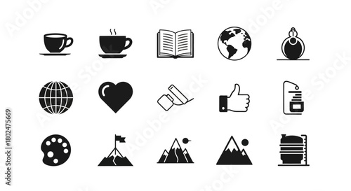 Minimalist icons: coffee, earth, book, heart, mountain, palette, thumbs-up, globe, perfume