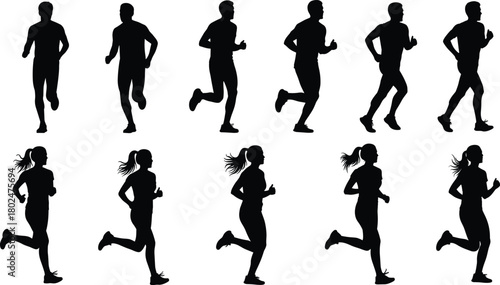 Running silhouettes vector collection of female joggers in motion, black fitness icons set for sport, marathon, training, workout, cardio exercise and athletics design.