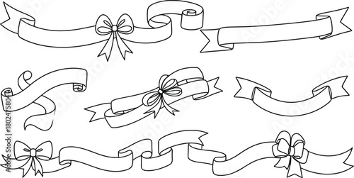 Elegant ribbon banner silhouettes with bows and curls, decorative outline vector set for labels, invitations, gift wrapping, holiday celebration design elements.