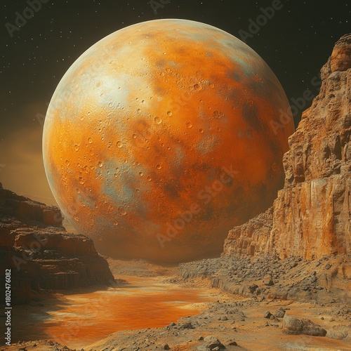 Vivid Martian landscape with an enormous orange planet in the sky at twilight