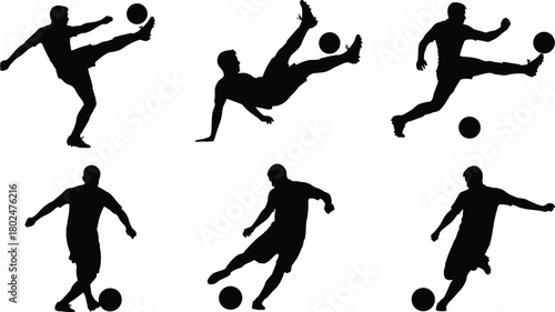 Soccer player silhouettes vector collection performing kicks, volleys, bicycle shots and dribbles, black football icons set for sport, training, match, team design projects.
