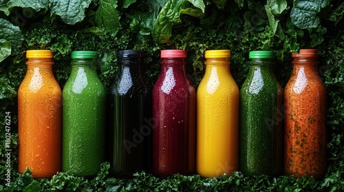 Freshly made juice bottles lined up against a backdrop of greens in a vibrant display