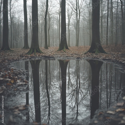 Moody forest landscape with misty trees and a still reflection in the water