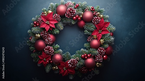 Elegant holiday wreath adorned with red ornaments and festive flowers
