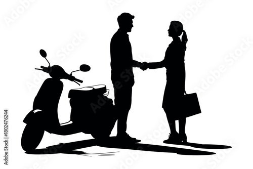 Two silhouettes shake hands next to a scooter in a business context.