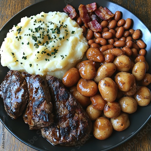 Delicious grilled steak with mashed potatoes and sides for dinner enjoyment