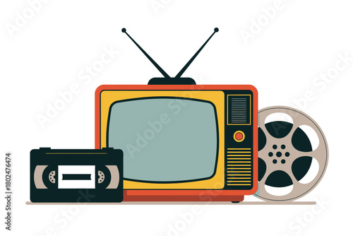Vintage television, VHS tape, and film reel represent media history.