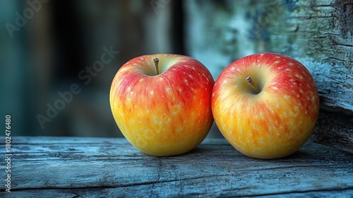 Fresh red apples resting on a rustic wooden surface in soft natural light