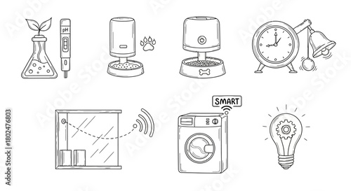 Smart home gadgets and pet care solutions in hand drawn style