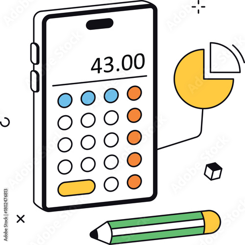 Math calculations on mobile with simple pencil isometric flat vector illustration