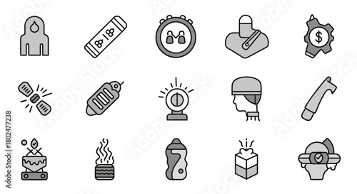 Linear icons of camping, security, and technology