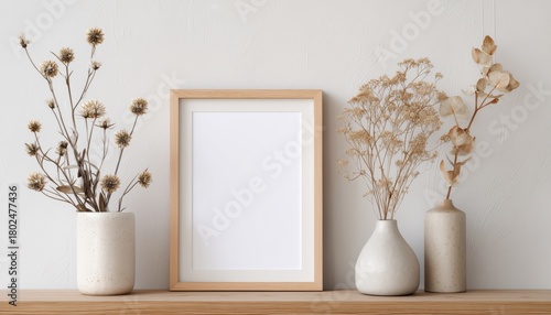 A5 Portrait Frame Mockup With White Wall Vases And Dried Wild Flowers. Empty Frame For Presentation, Perfect For Lettering And Modern Art Templates.