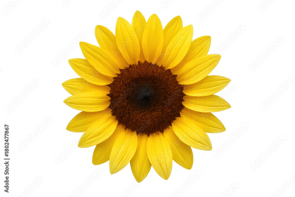 Fototapeta premium Sunflower head showing vibrant yellow petals and a dark brown center, isolated on a transparent background