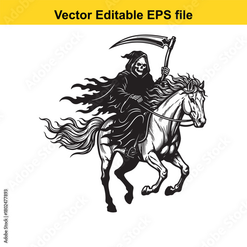 Grim reaper riding a horse with scythe, isolated on