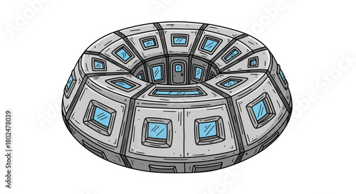 Futuristic geometric torus with blue accents and panel details