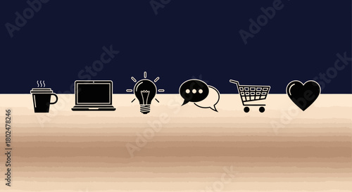 Minimalist icon set featuring coffee, laptop, lightbulb, chat, shopping cart, and heart on dual-tone background