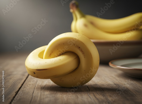 Fototapeta Naklejka Na Ścianę i Meble -  Surreal Interlinked Banana Knot: Conceptual 3D Fruit Illustration on Wood