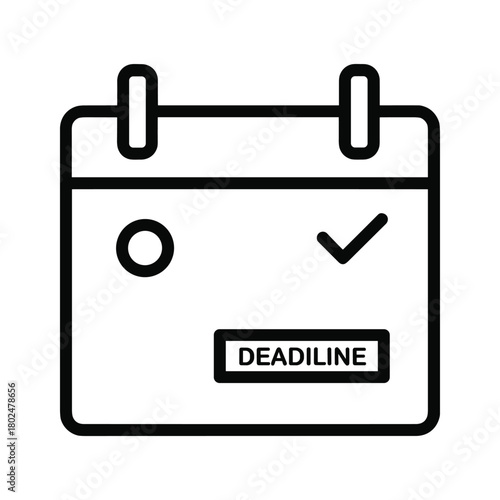 Black and white outline icon of a calendar page with rings, a circle, a checkmark, and the word 'deadline' in a box.