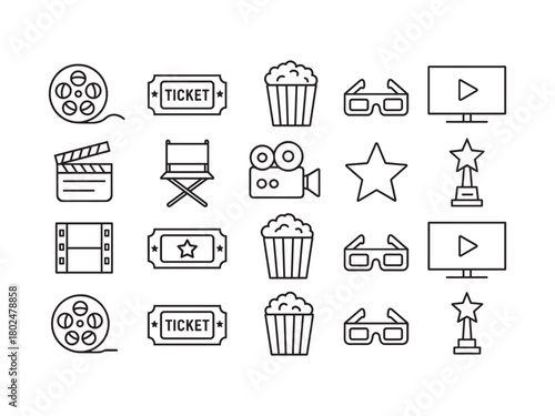 Cinema and Movie Entertainment Line Icon Set