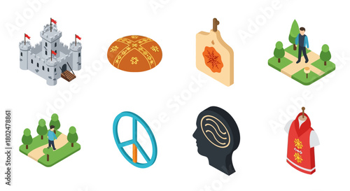 Colorful isometric icons: castle, silhouette, peace, and more