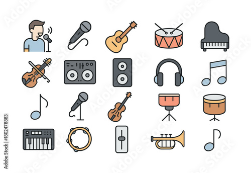 Music Instruments and Audio Equipment Icon Set