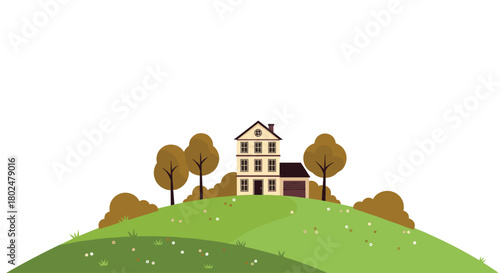 A picturesque house sits on a green hill surrounded by autumn trees and scattered wildflowers.