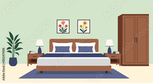 Cozy bedroom interior with a bed, nightstands, lamps, artwork, and a wardrobe.