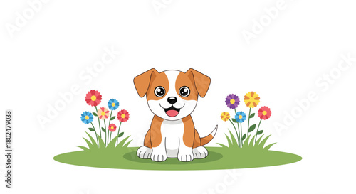 Cute cartoon puppy sitting in grass surrounded by colorful flowers.