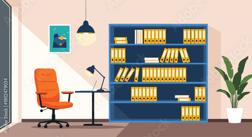 Office interior with a desk, chair, lamp, and blue bookshelf filled with binders.