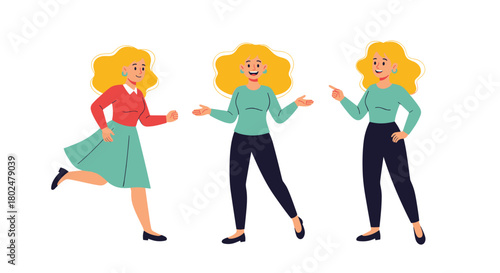 Three cartoon women with blonde hair depicted in different poses and outfits on a white background.