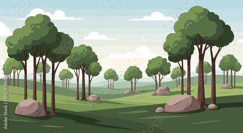 A serene landscape illustration of a grassy hill dotted with trees and rocks under a cloudy sky.