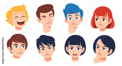 Collection of diverse cartoon faces expressing various emotions like happiness, thinking, confusion, and anger.