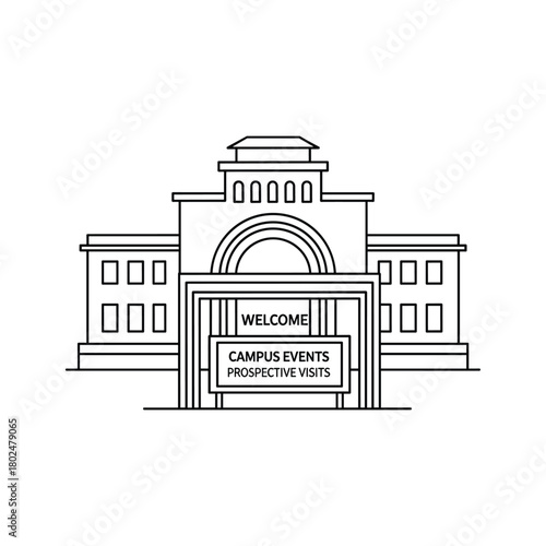 University building line art illustration featuring 'welcome', 'campus events', and 'prospective visits' signs. academic vector.