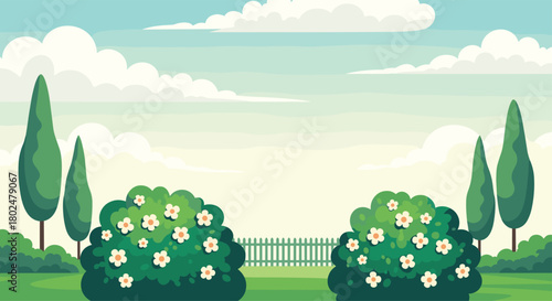 A beautiful cartoon garden with green trees, blooming bushes, and a white picket fence under a cloudy sky.