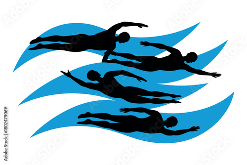 Four swimmers race across blue stylized waves in a competitive event.