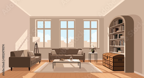 Cozy living room with soft seating, a coffee table, and a bookshelf filled with books.