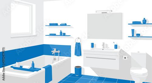Modern minimalist bathroom with white bathtub, sink, and toilet in blue and white.