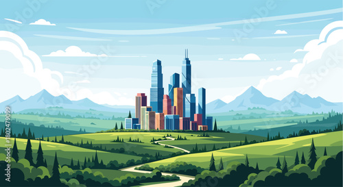 A modern cityscape rises from rolling green hills under a bright blue sky with fluffy clouds.