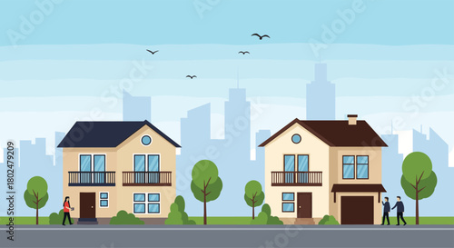 Two suburban houses with people walking and birds flying in a cityscape background.