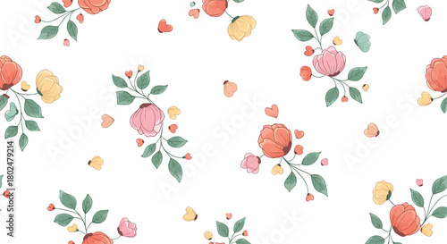 Watercolor floral pattern with soft pink, peach and yellow flowers and green leaves on a white background.