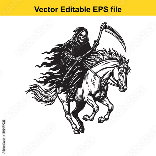 The grim reaper on a horse with a scythe, a symbol of death and the end of life, isolated on