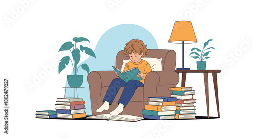 A young child sits comfortably in an armchair engrossed in reading a book, surrounded by stacks of books and plants.