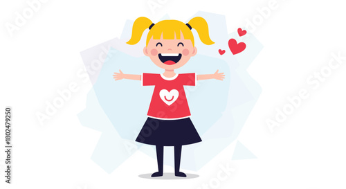 Happy little girl with blonde pigtails and a red shirt with a heart, embracing with open arms and hearts floating around her.