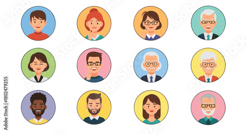 Diverse group of cartoon people portraits in circles, representing various ages and ethnicities.