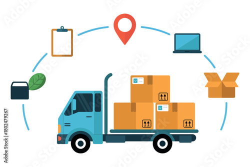 A delivery truck transports packages, connected to various logistics icons.