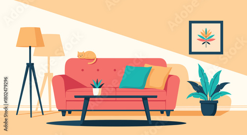 Cozy living room scene with a pink couch, cat, plants, and lamps.