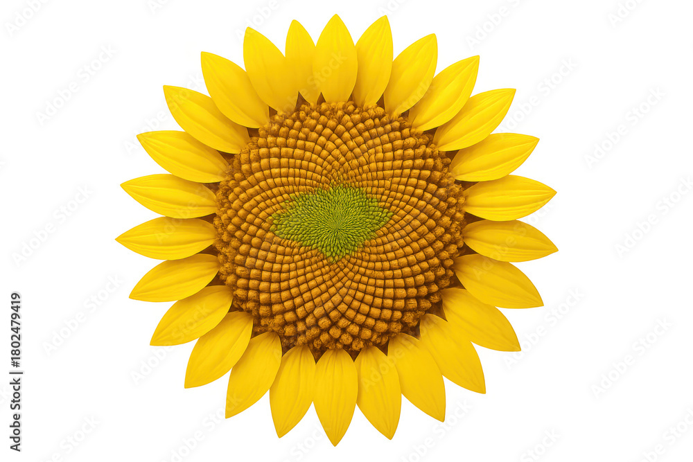 Fototapeta premium Sunflower head showing yellow petals surrounding disk florets with a green center, isolated on transparent background